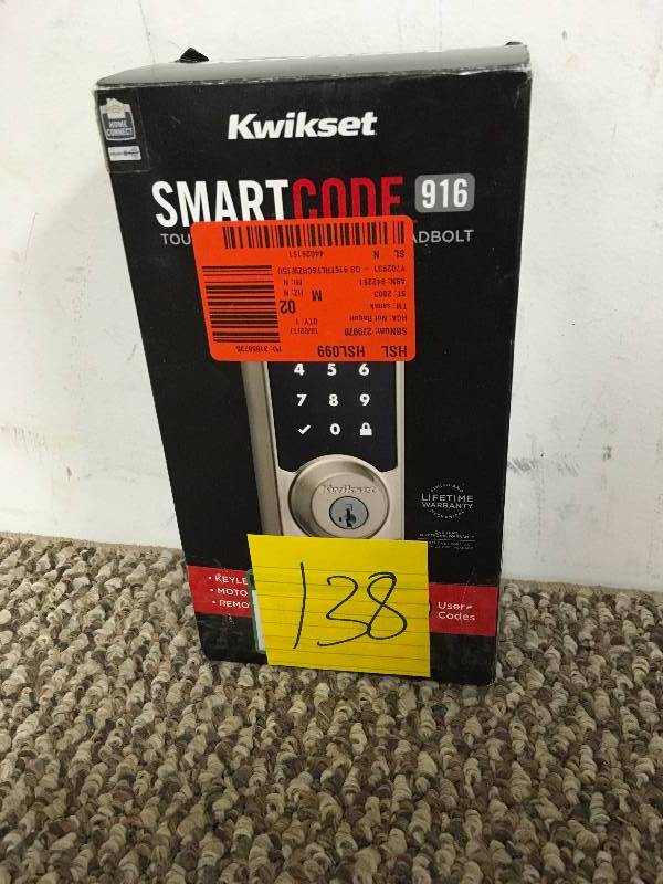 lot 138 image: Kwikset Z-Wave SmartCode 916 Touchscreen Single Cylinder Satin Nickel Electronic Deadbolt featuring SmartKey
