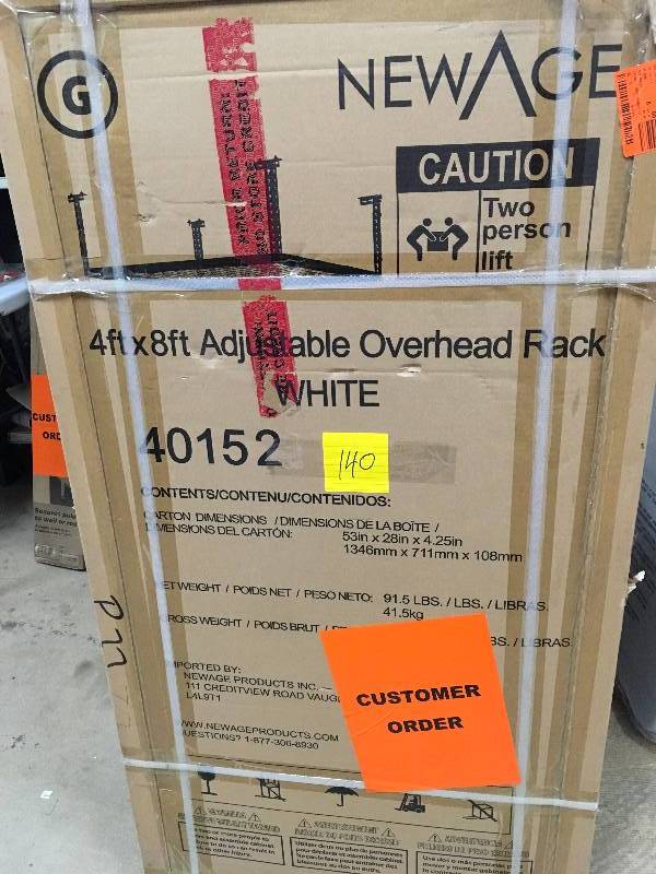 lot 140 image: New Age 4 ft x 8 ft Adjustable Overheaad Rack - Grey - Open Box Never Used