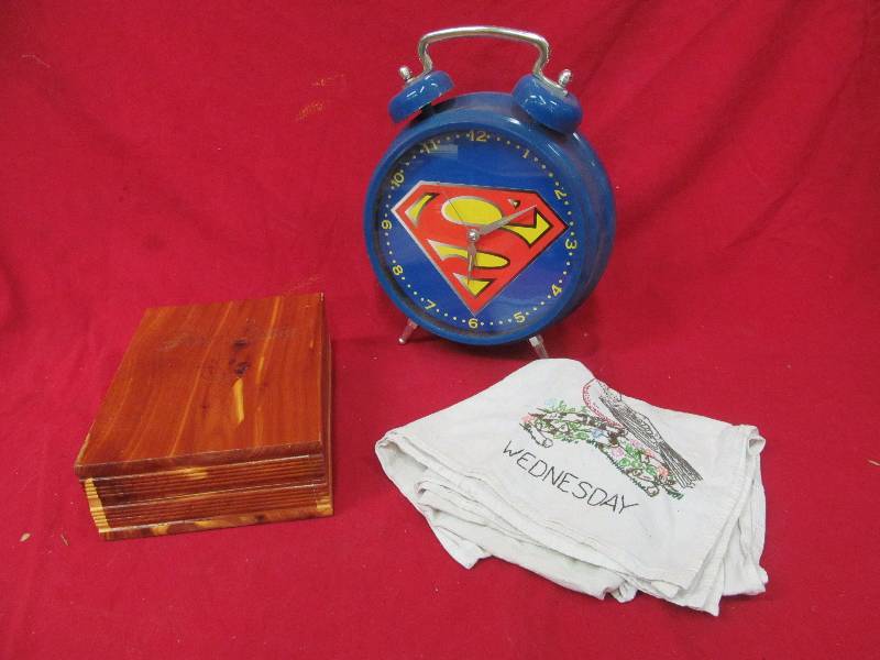 lot 343 image: wood bible box, clock ,towel