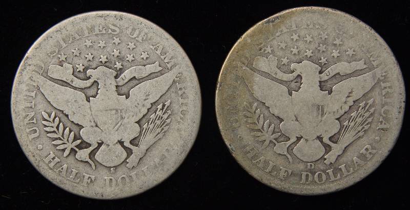 1898-S & 1908-D BARBER SILVER HALF DOLLARS