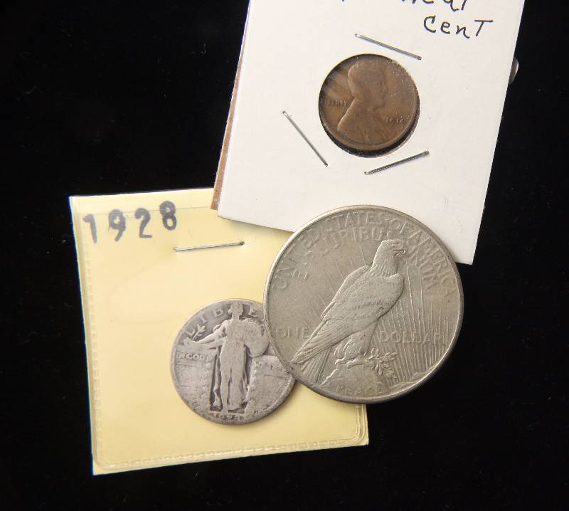 3 COINS 1925 PEACE DOLLAR, 1928 STANDING 25C, 1914 WHEAT CENT