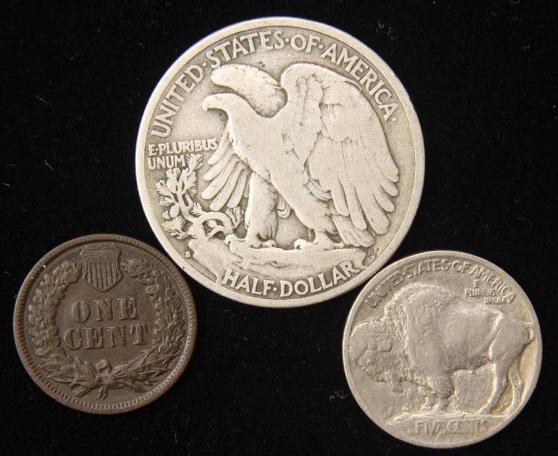 3 COINS 1934-S WALKING 50C, 1913 TY I BUFFALO 5C, 1893 INDIAN 1C (VF DETAILS)