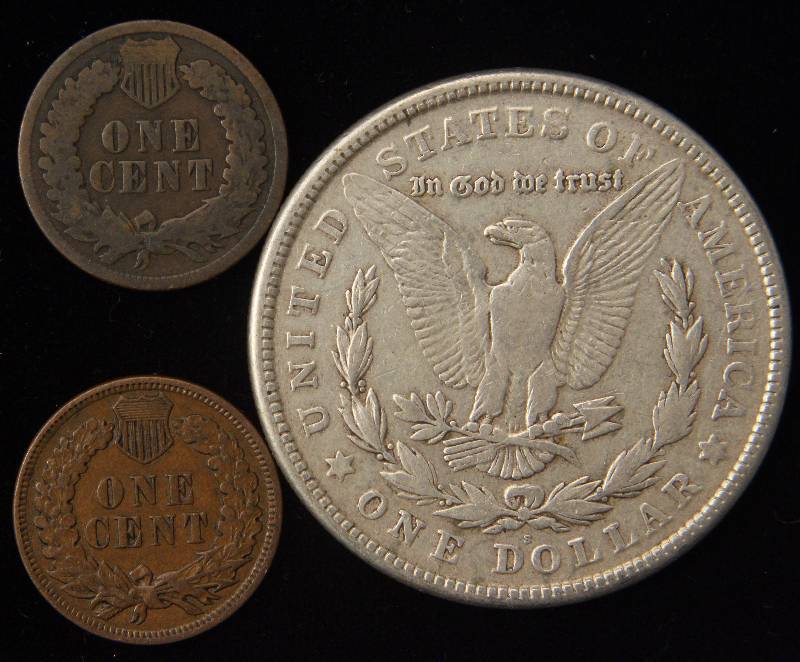 1921-S MORGAN SILVER DOLLAR, 1892 G & 1907 XF INDIAN HEAD CENTS