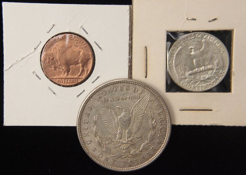 1921-D MORGAN $1, 1957-D WASHINGTON 25C (UNC) 1916-S BUFFALO (COPPER)