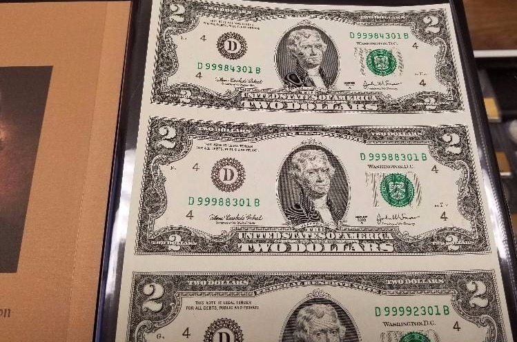 ORIGINAL UNCUT SHEET OF 4 - $2 BILLS UNCIRCULATED