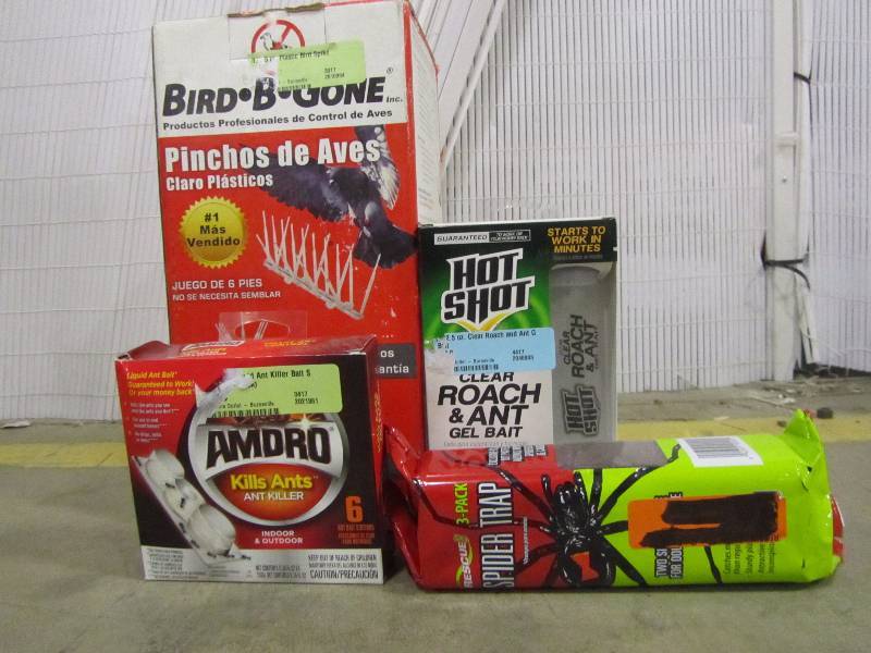 lot 29 image: Bird B Gone 6 ft. x 5 in. Plastic Bird Spike RESCUE Spider Trap (3-Pack) AMDRO Liquid Ant Killer Bait Stations (6-Pack)Hot Shot Ultra 2.5 oz. Clear Roach and Ant Gel Bait