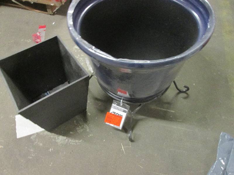 square flower pot and big blue flow...