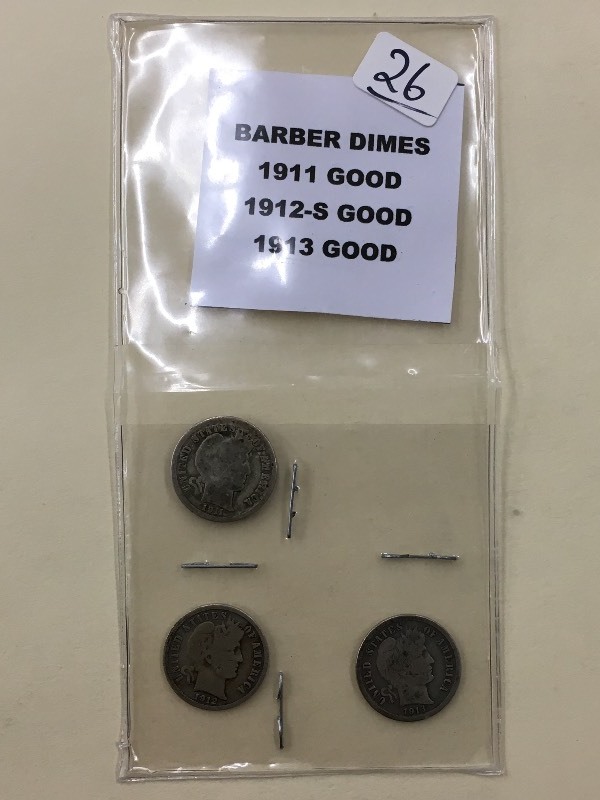 (3) Barber Dimes  1912-S  1911  ...