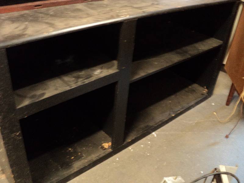 lot 79 image: wood shelving unit, 63in long x 33h...