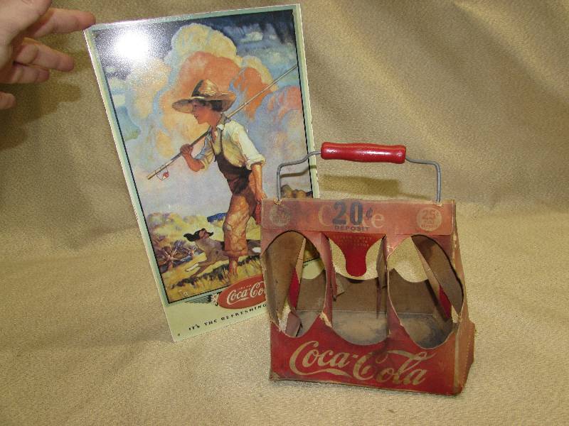 lot 157 image: COCA COLA TIN SIGN AND VERY OLD CARDBOARD CARRY PACK WITH METAL HANDLE, ROUGH CONDITION