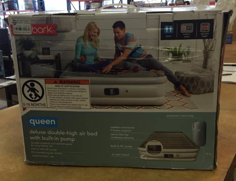lot 196 image: New, opened box Double High Queen Air Mattress with Built In Pump - Embark