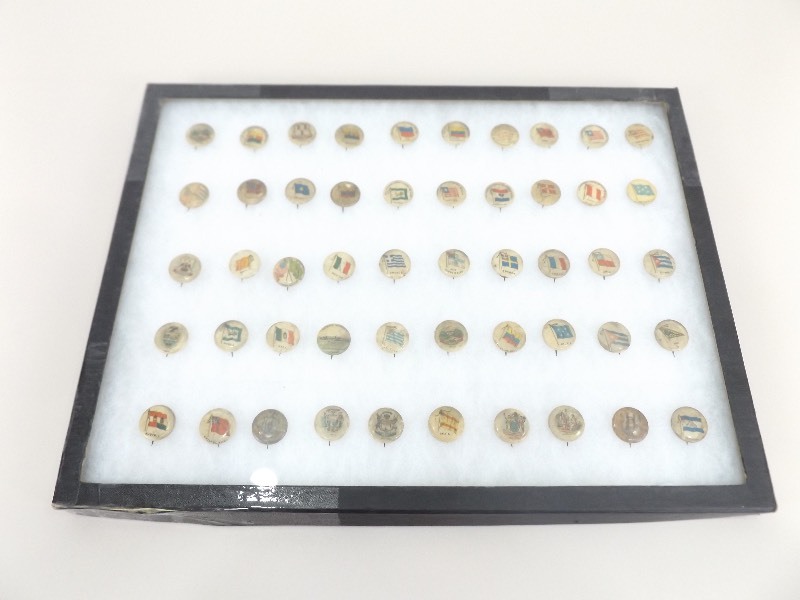 Antique 1800s Pepsin Gum, Sweet Caporal, and Wrigley Sweet Gum PinsButtons in Glass Top Display Case