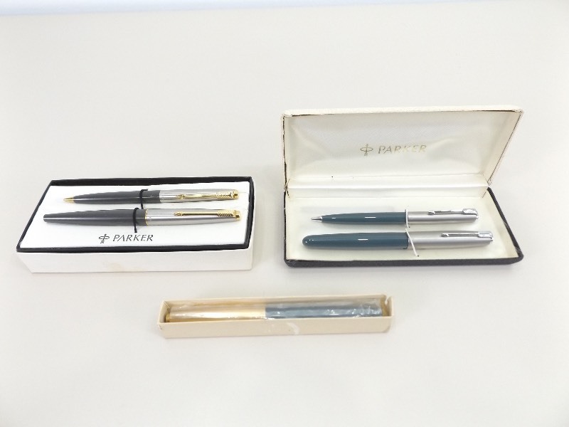 2 Parker Fountain Pen Pencil Sets and 1 Individual with 14K Nib