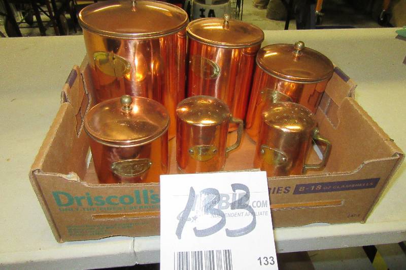 lot 133 image: Copper plate Canister set and salt and pepper shakers