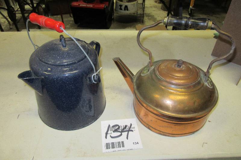 lot 134 image: Vintage Graniteware Enamelware Camping coffee pot.  Copper tea kettle