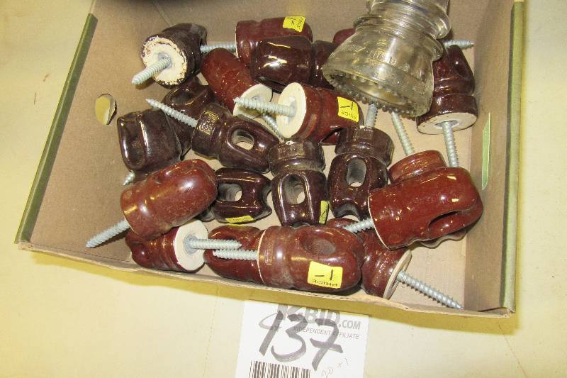 lot 137 image: Box of 20, Electric Insulators, plus 1 Clear glass insulator