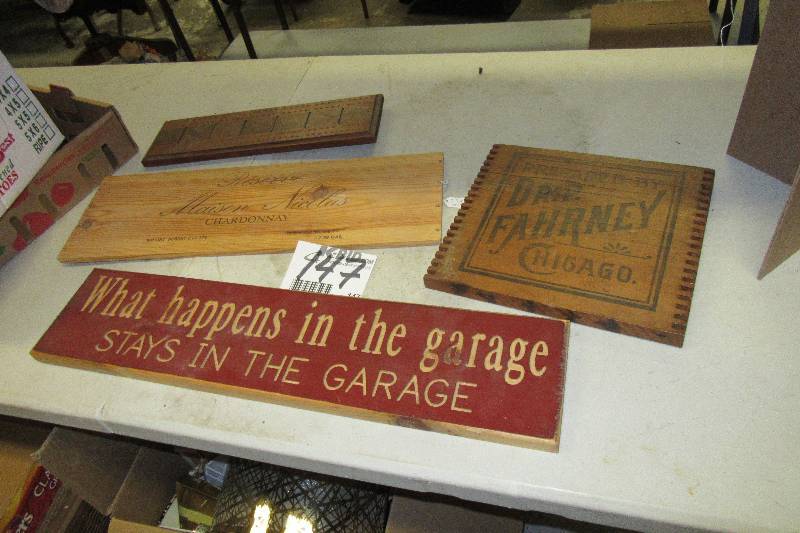 lot 147 image: 3 theme signs and a cribbage board..
