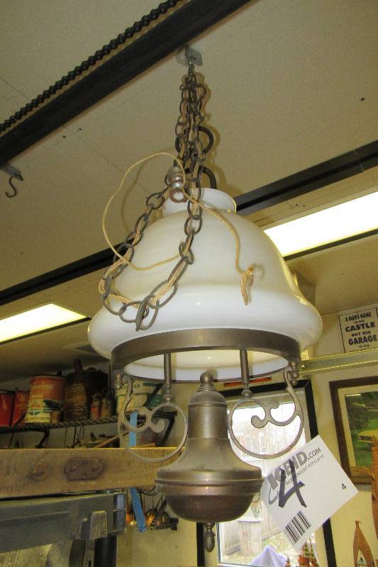 lot 4 image: Brass and White globe chandelier.