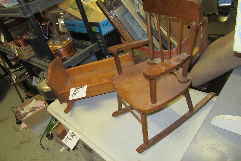 lot 5 image: Childs Solid wood rocker and baby cradle