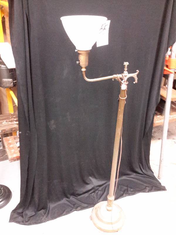 lot 55 image: Vintage pole lamp.. Brass with marble base.  Good globe