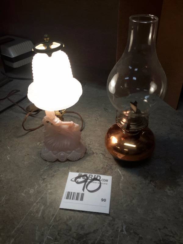 lot 90 image: Nice glass dancer lamp base and frosted glass shade  brass base kerosene lantern and glass chimney.