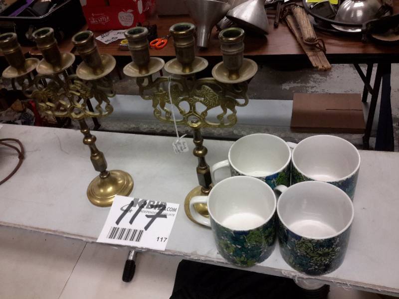 lot 117 image: 2 Brass 3 candleabras.. 4 mugs from the 60s