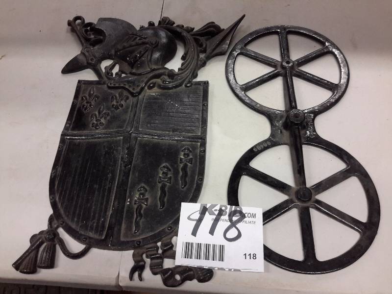 lot 118 image: Heavy Steel Coat of Arms and other 2 wheel steel dcor