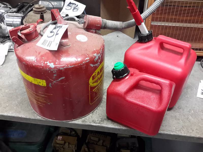 lot 57 image: 5 Gallon Gas can.  1 gall , 2 gal plastic gas cans