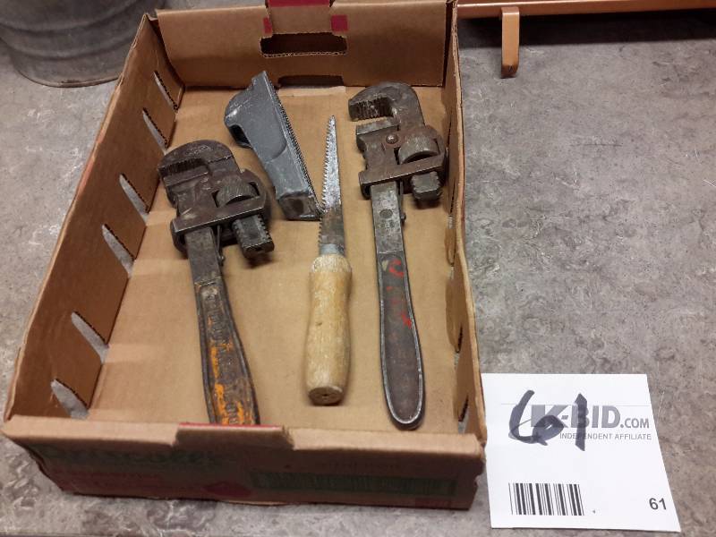 lot 61 image: 2, pipe wrenches.. Hand saw and hand rasp
