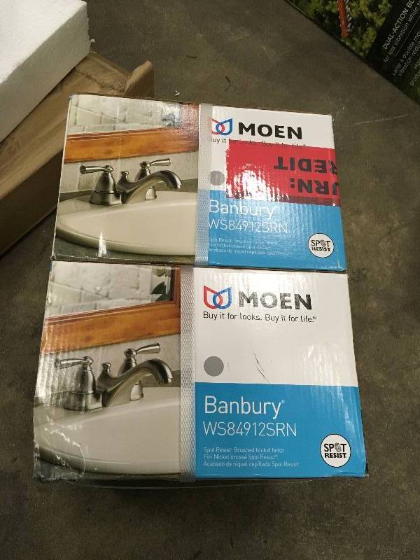 lot 7 image: Moen Banbur 4 in. Centerset 2-Handle Low-Arc Bathroom Faucet in Spot Resist Brushed Nickel - Lot of 2 New