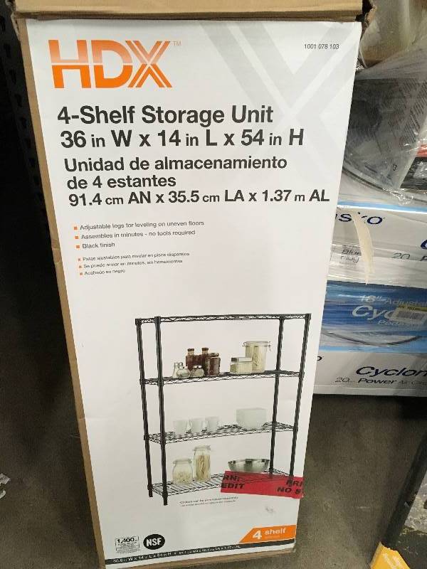 lot 35 image: HDX 4-Shelf Storage Unit 36 in W x 14 in L x 54 in. H  open box never used