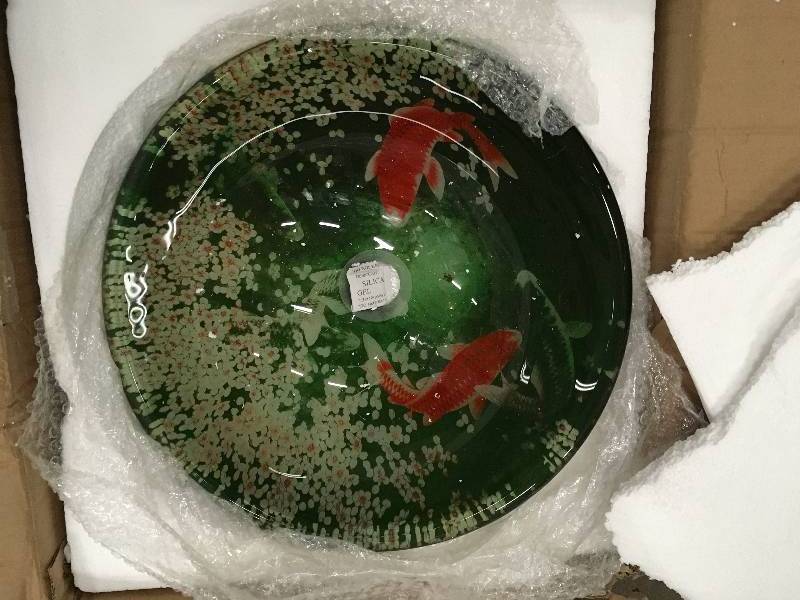 lot 55 image: Fontaine Koi and Lilies Glass Vessel Sink open box never used