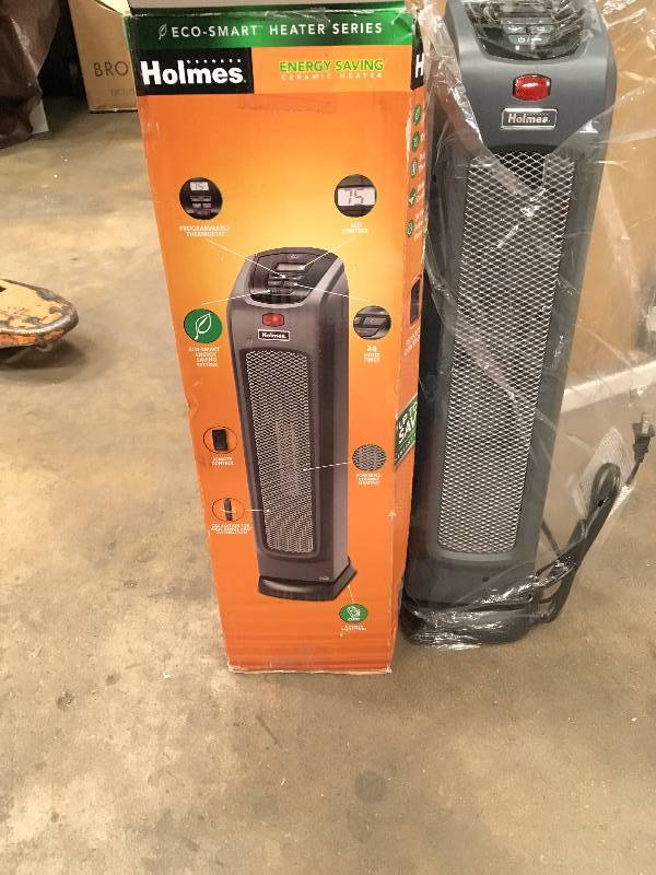 lot 58 image: Holmes Ceramic Tower Heater, Electric Eco-Smart Technology, LCD Controls, Black open box never used