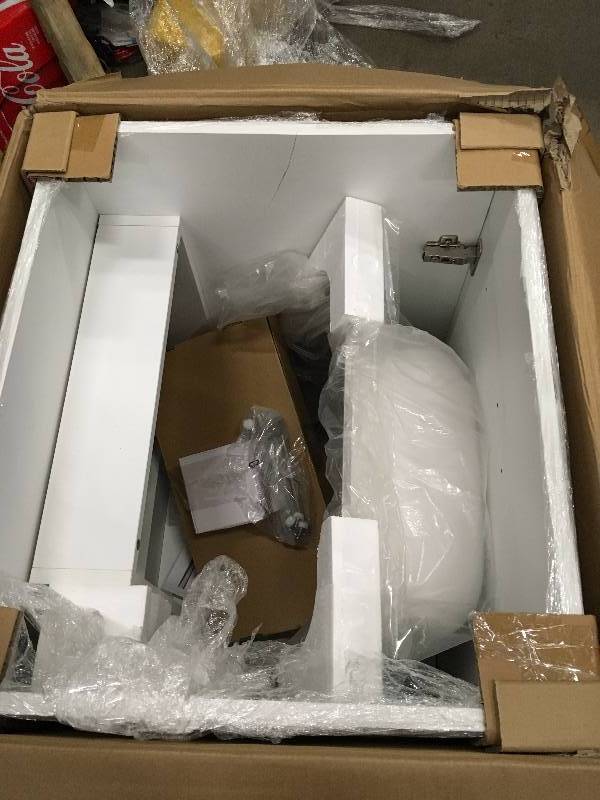 lot 63 image: Presenza All-in-One 24.2 in. x 21.3 in. x 33.8 in. Stainless Steel Laundry Sink and White 2 Door Cabinet small damage stock photo used to display the unit
