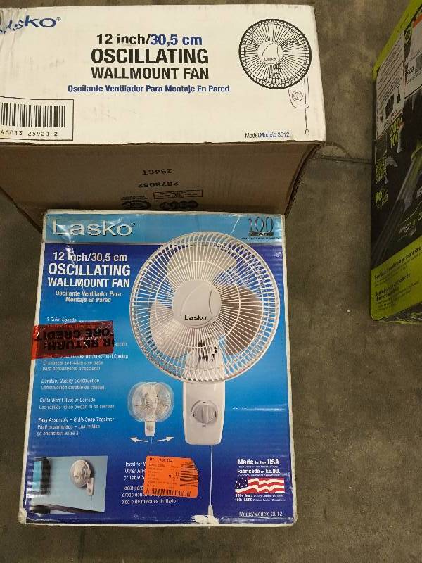 lot 65 image: Set of 2 Lasko 3012 Oscillating Wall-Mount Fan New