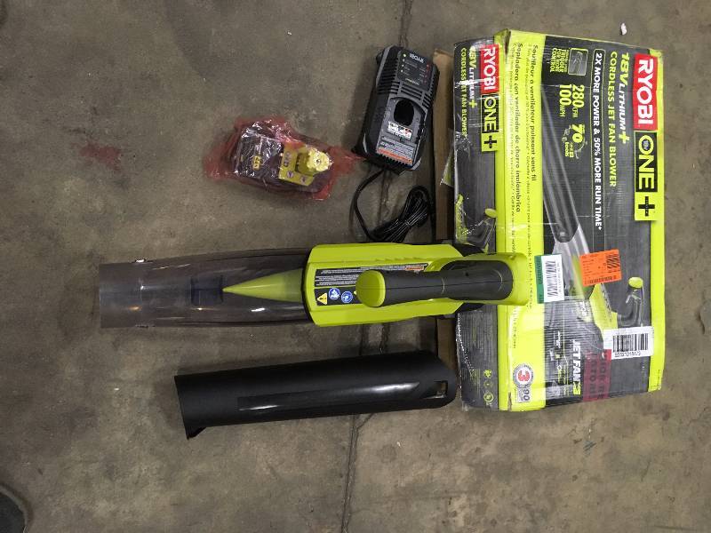lot 67 image: Ryobi P2180 18V One Lithium-Ion 100 MPH Jet Fan Blower Kit w P118 & P108 open box never used