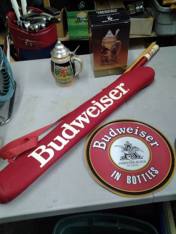 lot 32 image: Budweiser Sign, Steins, Pool Cue