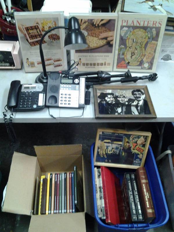 lot 35 image: 2 Boxes Books, Desk Lamps, Phones, Misc