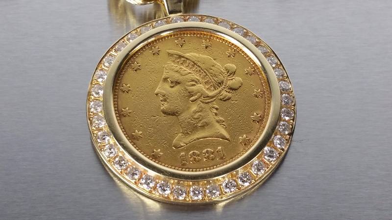 lot 30A image: 1881 $10 Gold Coin Necklace in Gold Diamond Bezel