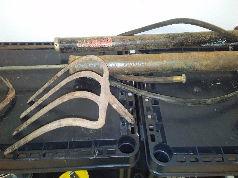 lot 12 image: Vintage Hand Pump and Garden Tools