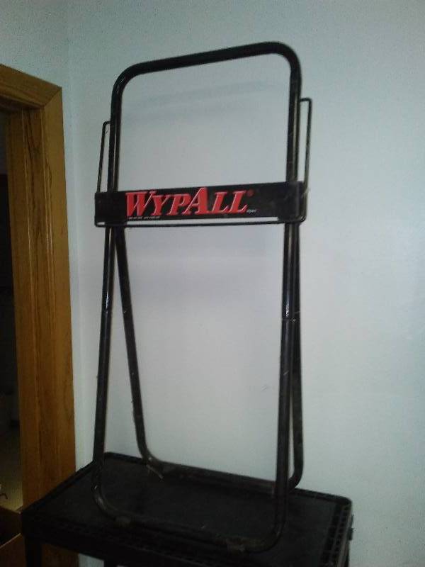 lot 123 image: Wypall, unassembled Dispenser for JUMBO RAG-ON-A-ROLL system. Metal with trash bag attachment.