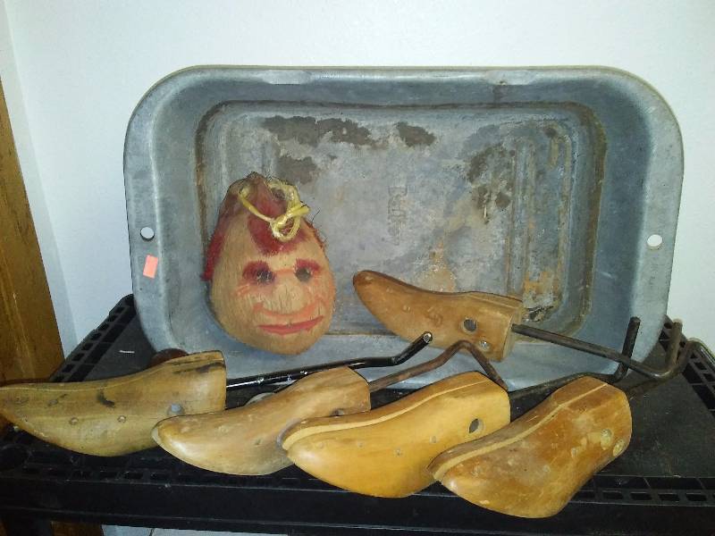 lot 148 image: Metal Pan (Bathey Manuf.), Shoe Forms (5) and Coconut head