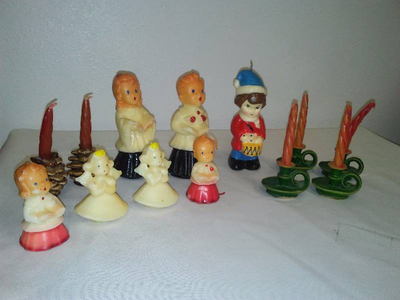 lot 35 image: Vintage Christmas Candles, Gurly, Carolers, Pine Cones, Candles, Vivid Colors, Circa 1950s
