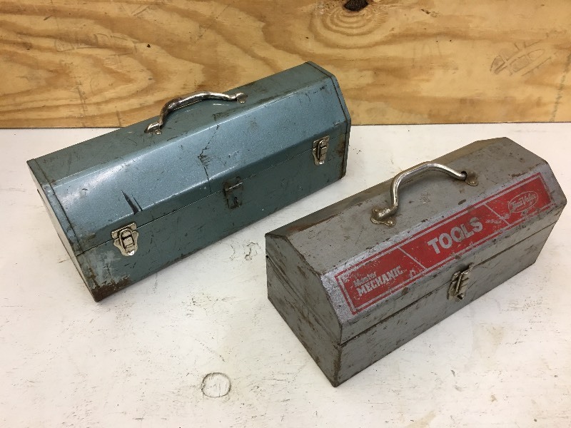 lot 25 image: Tote Of Assorted Empty Steel Toolbo...