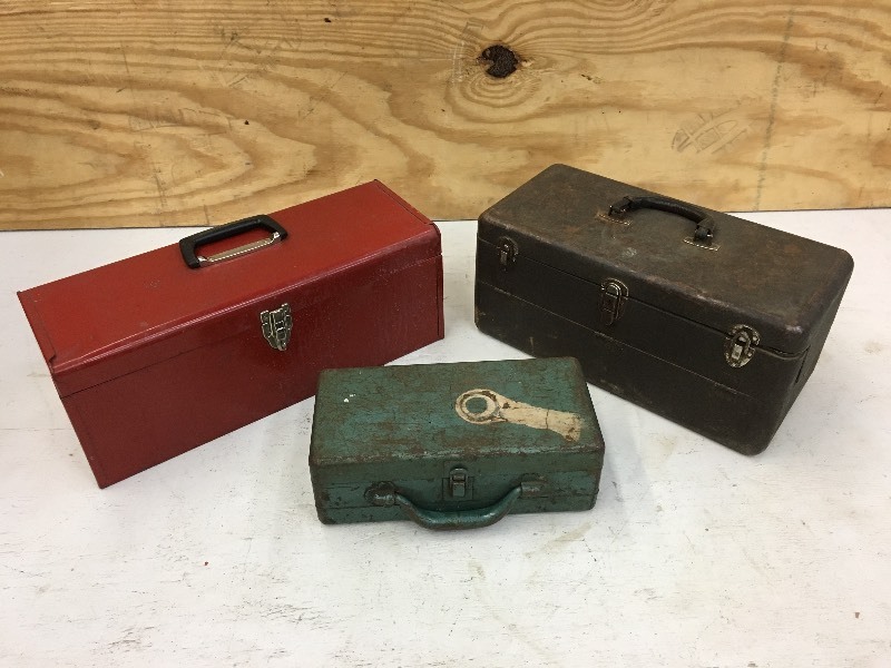 lot 26 image: Tote Of Assorted Empty Steel Toolbo...