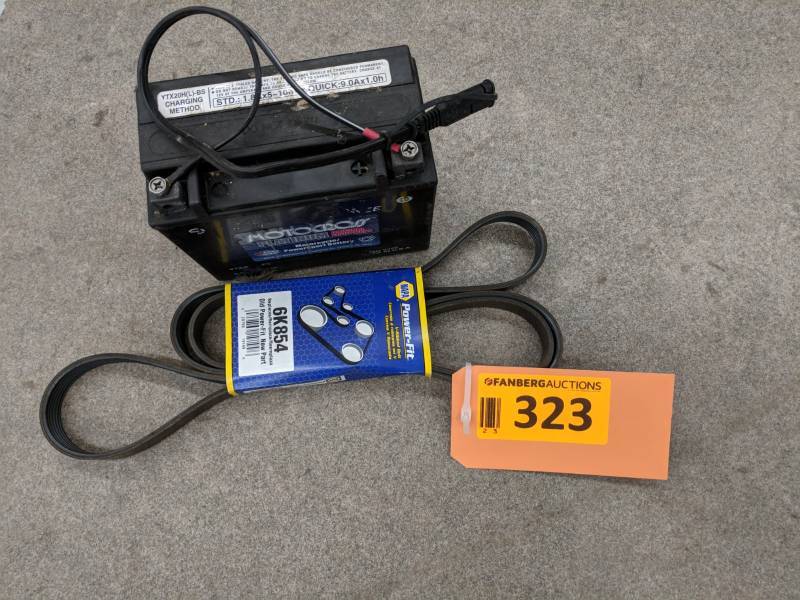 lot 323 image: Motocross Platinum MotorcyclePowerSport Battery and Napa Power-Fit V-Ribbed Belt