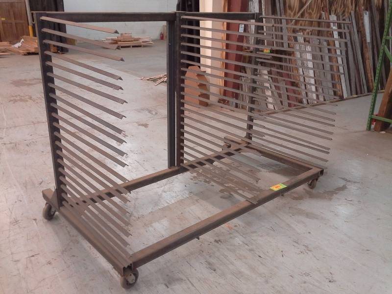 lot 441 image: (3) Three Industrial BoardTrim Racks on Wheels