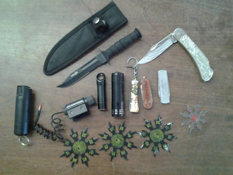 Knives, Flashlights, Pepper Spray, Throwing Stars