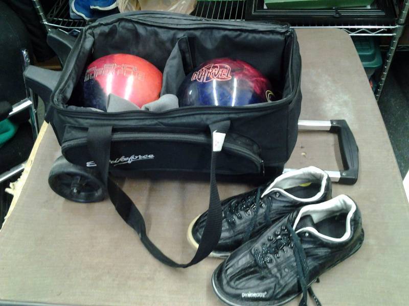 2-Bowling Balls, Mens Bowling Shoes Size 10 12 With Rolling Bag