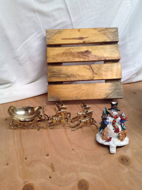 lot 8 image: Fire Place Santa Stocking Holder, 4 Brass Reindeer, and Wood Plant Cart